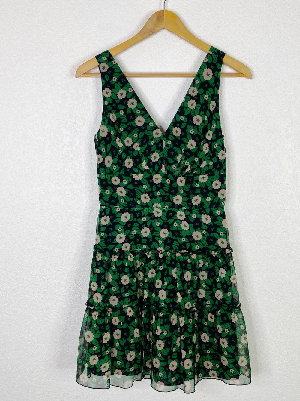 Anna Sui Green & Black Floral 100% Silk Chiffon Mini Dress